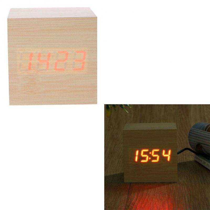 Creative LED Alarm Clock Cube Wooden Voice Control LED Digital Clocks(Red)