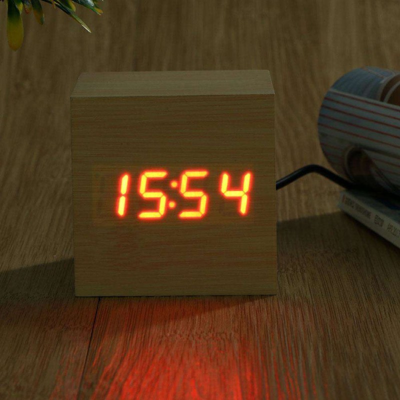 Creative LED Alarm Clock Cube Wooden Voice Control LED Digital Clocks(Red)