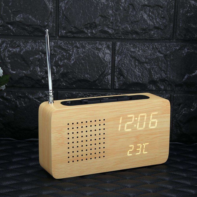 FM Radio Wooden Bamboo LED Alarm Clock LED Display Electronic Desktop Clock