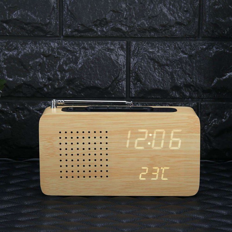 FM Radio Wooden Bamboo LED Alarm Clock LED Display Electronic Desktop Clock