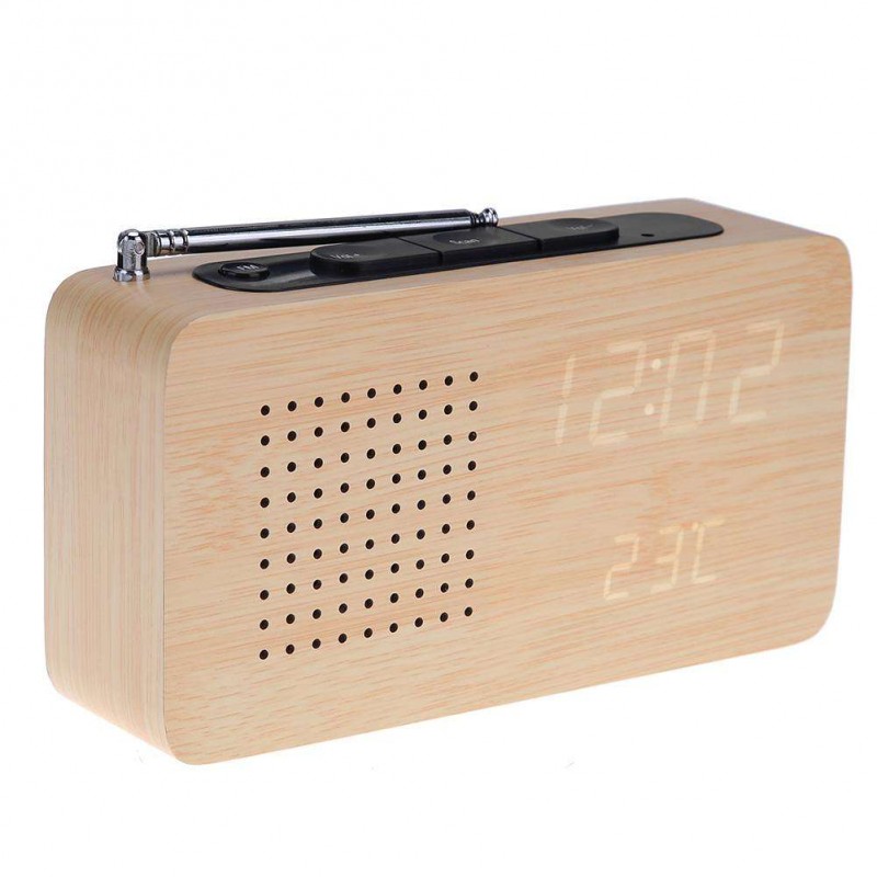 FM Radio Wooden Bamboo LED Alarm Clock LED Display Electronic Desktop Clock