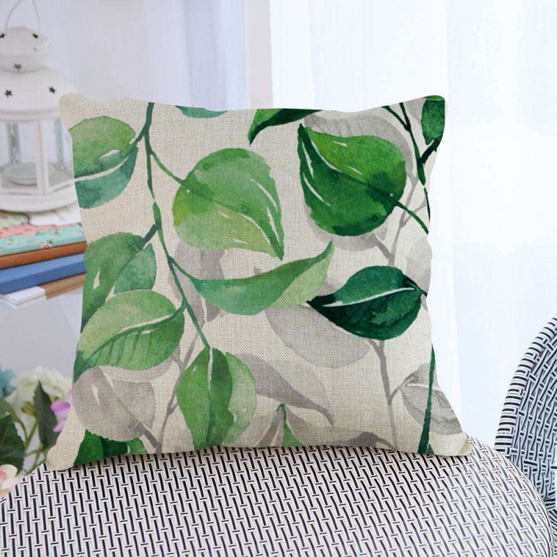 Green Leaf Print Linen Invisible Zip Pillow Case Cushion Cover Home Decor(A