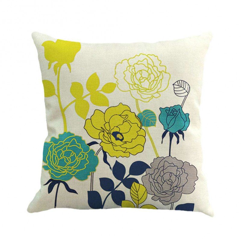 Flower Print Linen Sofa Throw Pillow Cas...