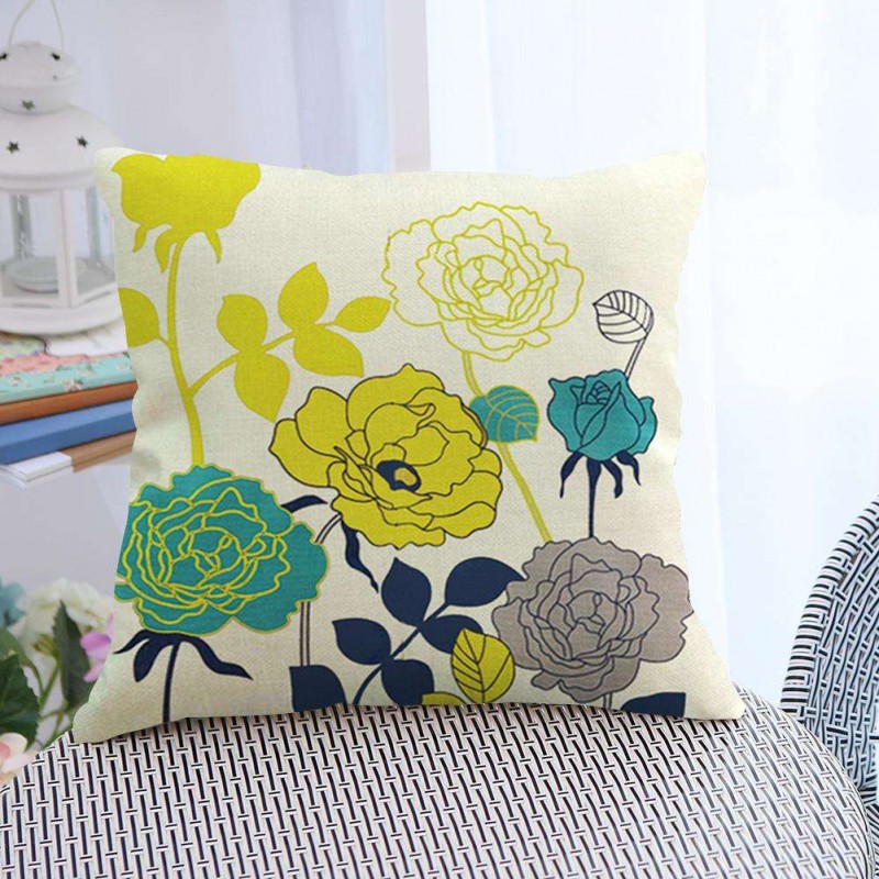 Flower Print Linen Sofa Throw Pillow Case Waist Cushion Cover Home Decor(B)