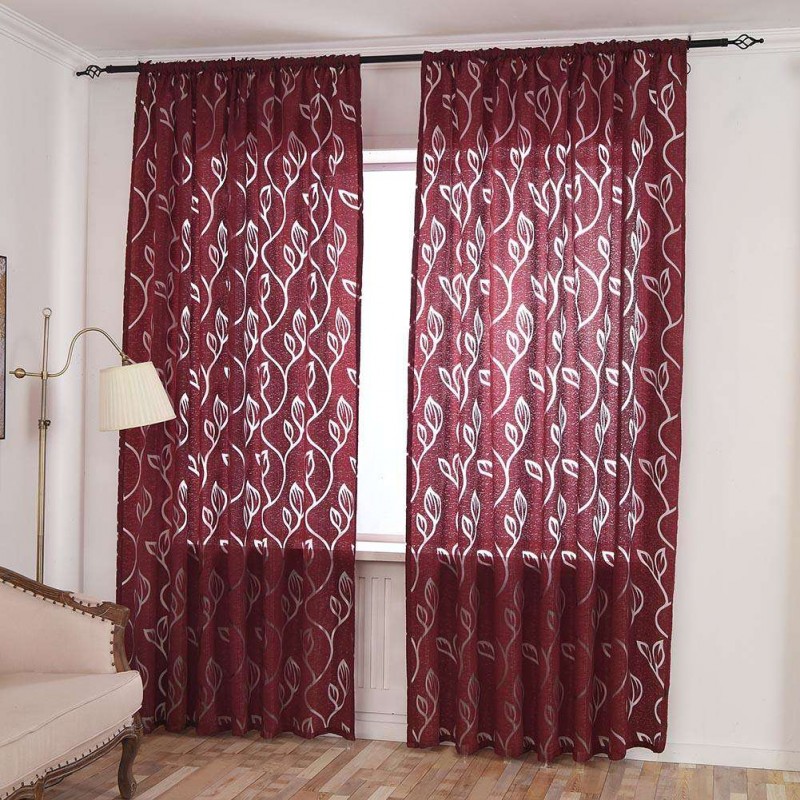 Leaves Embroidered Hollowing Out Yarn Curtain Window Screen(Wine Red)