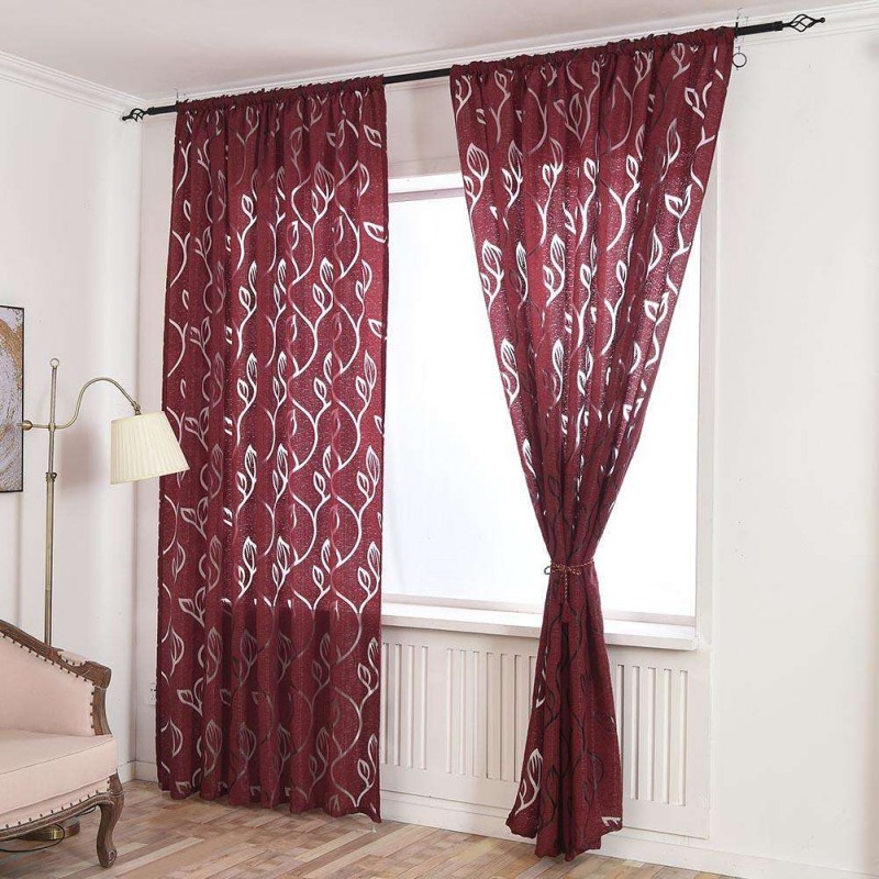 Leaves Embroidered Hollowing Out Yarn Curtain Window Screen(Wine Red)