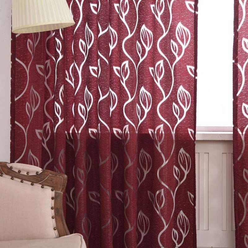 Leaves Embroidered Hollowing Out Yarn Curtain Window Screen(Wine Red)