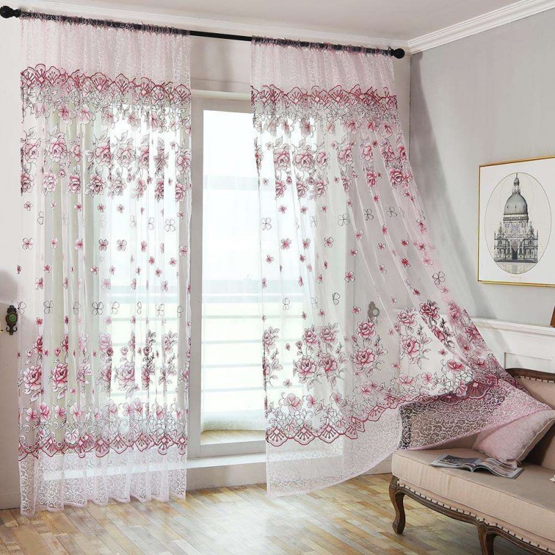 Rich Honored Flowers Yarn Tulle Living Window Curtain Screening(Pink)