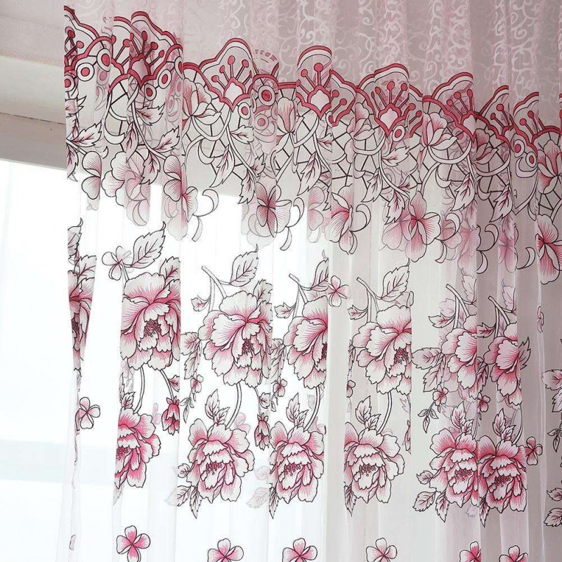 Rich Honored Flowers Yarn Tulle Living Window Curtain Screening(Pink)