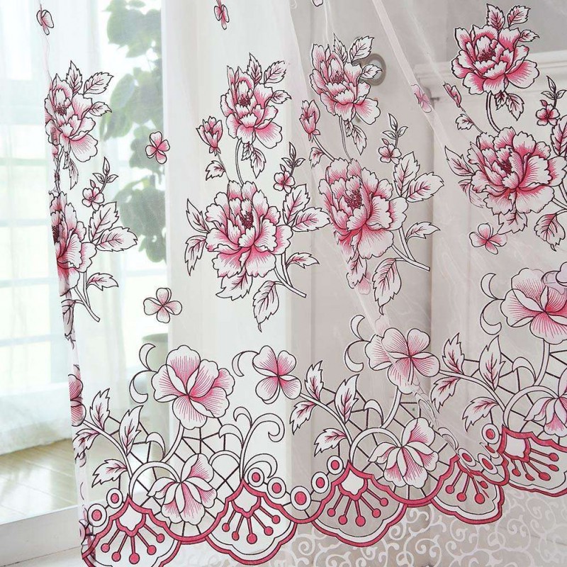 Rich Honored Flowers Yarn Tulle Living Window Curtain Screening(Pink)