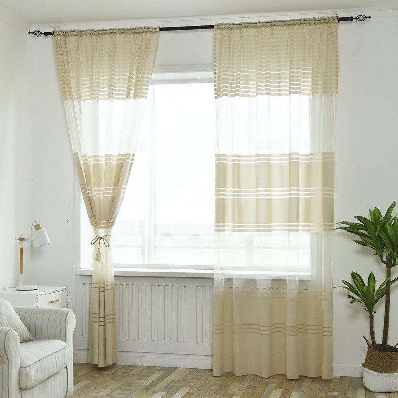 Wide Strip Curtain Tulle Window Screening for Living Room Shading(Beige)