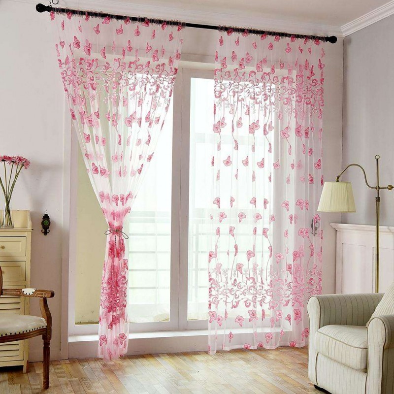 Morning Glory Print Window Curtain Yarn Tulle Sheer Panel Voile Purdah(Pink