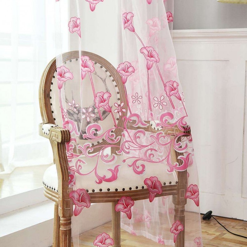 Morning Glory Print Window Curtain Yarn Tulle Sheer Panel Voile Purdah(Pink