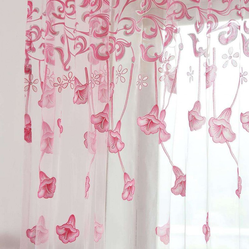 Morning Glory Print Window Curtain Yarn Tulle Sheer Panel Voile Purdah(Pink