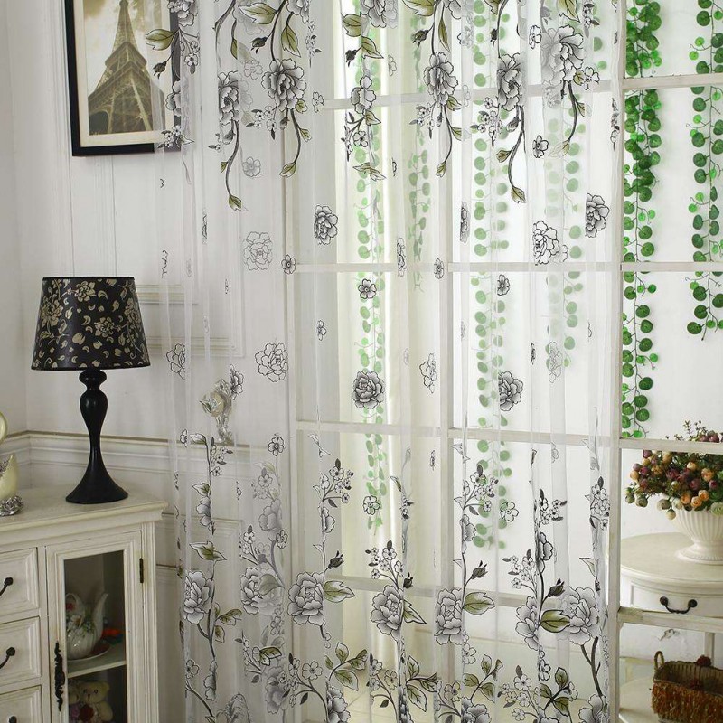 Peony Floral Printed Window Curtain Door Purdah Offset Glass Yarn Drapes