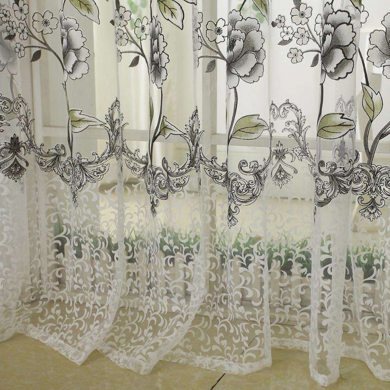 Peony Floral Printed Window Curtain Door Purdah Offset Glass Yarn Drapes