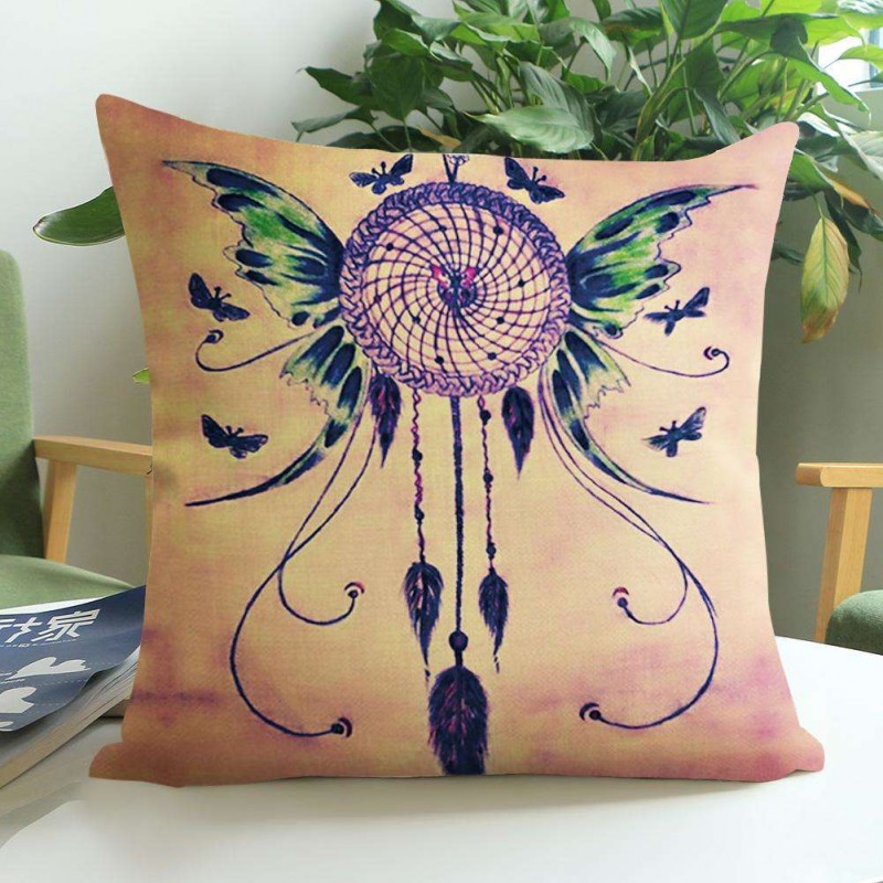 Feather Dreamcatcher Breathable Linen Pillowcase Cushion Cover Home Decor(A