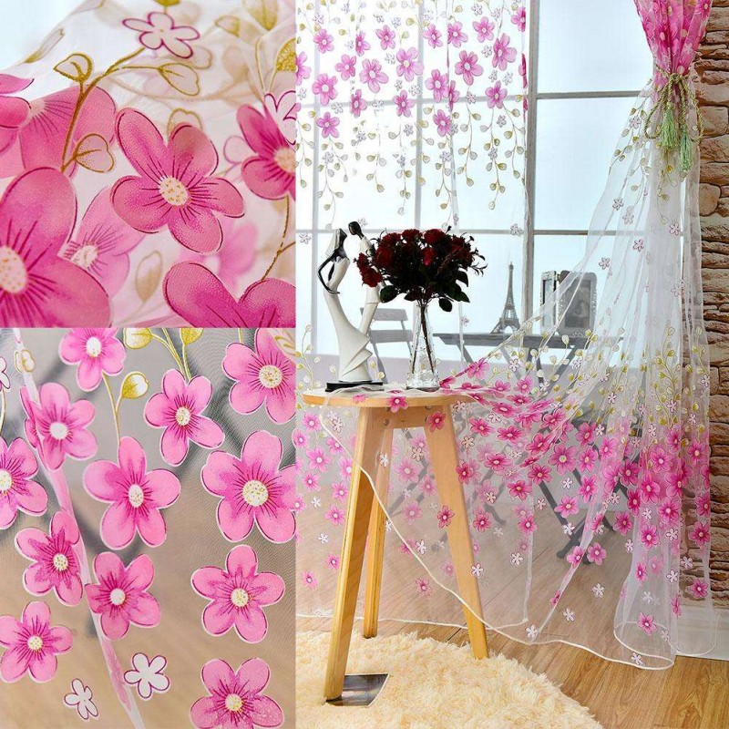 Flower Offset Printing Sheer Curtain Yarn Tulle Window Screen Voile(Pink)