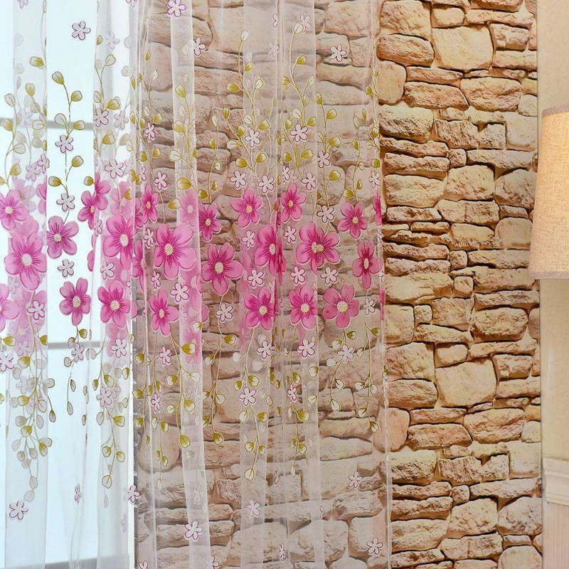 Flower Offset Printing Sheer Curtain Yarn Tulle Window Screen Voile(Pink)