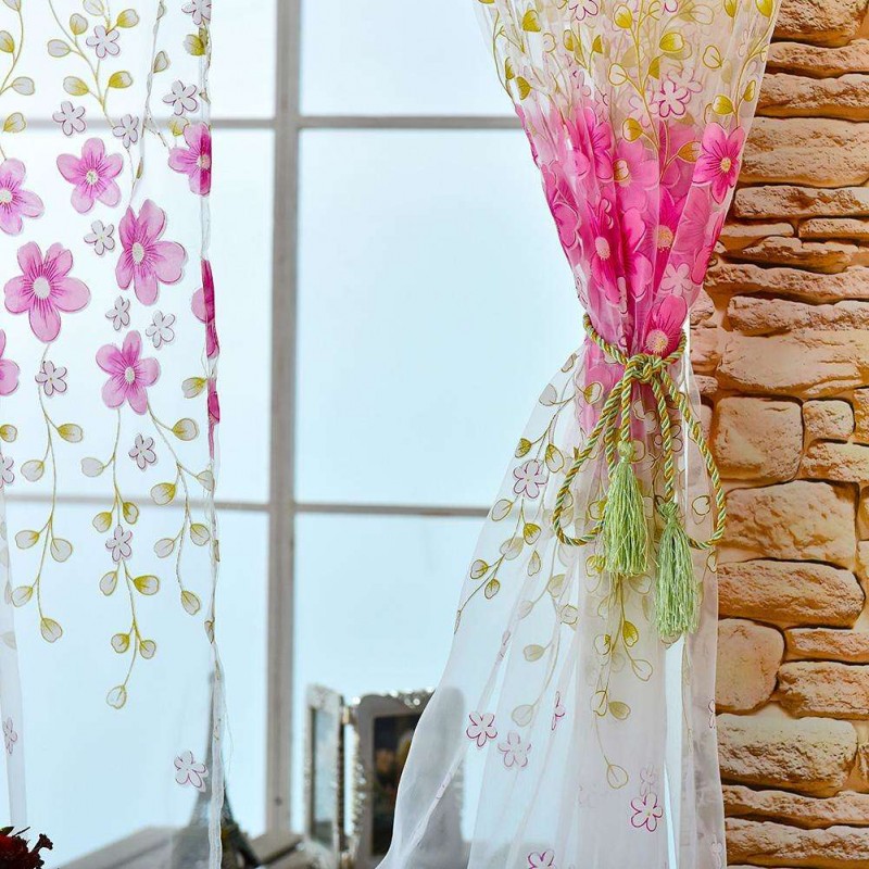 Flower Offset Printing Sheer Curtain Yarn Tulle Window Screen Voile(Pink)