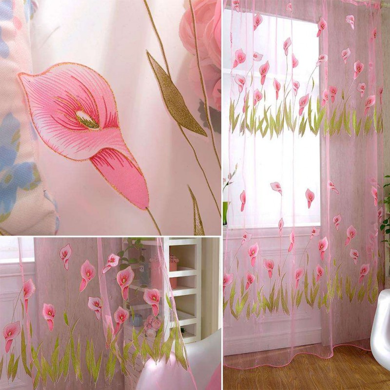 Alo Flower Print Yarn Tulle Sheer Curtain Window Screen Voile Panel(Pink)