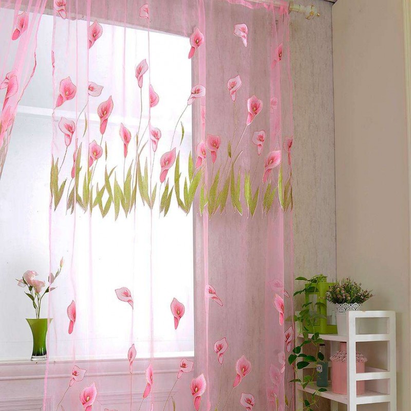 Alo Flower Print Yarn Tulle Sheer Curtain Window Screen Voile Panel(Pink)