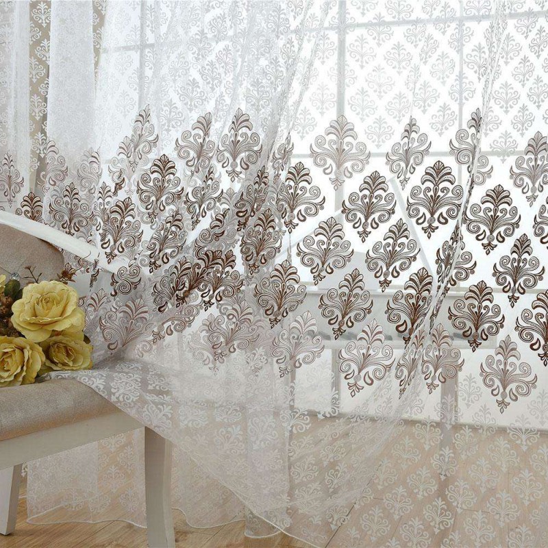 Flower Offset Printing Sheer Yarn Tulle Voile Curtain Window Screen(Coffee)