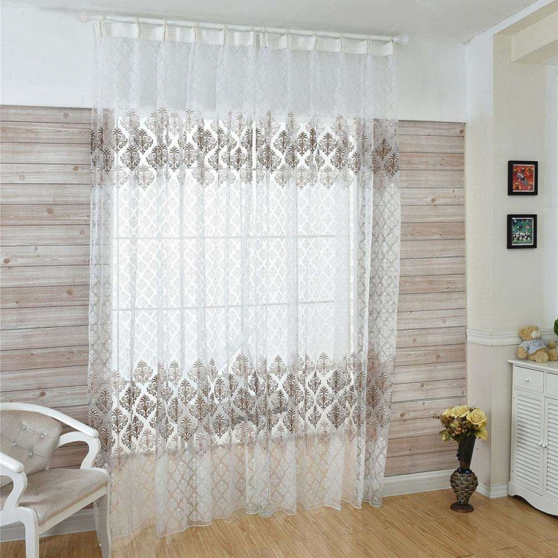 Flower Offset Printing Sheer Yarn Tulle Voile Curtain Window Screen(Coffee)