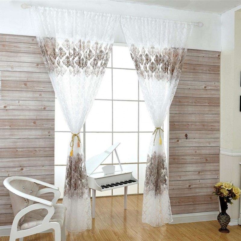 Flower Offset Printing Sheer Yarn Tulle Voile Curtain Window Screen(Coffee)