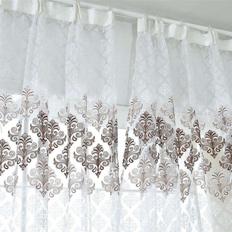 Flower Offset Printing Sheer Yarn Tulle Voile Curtain Window Screen(Coffee)