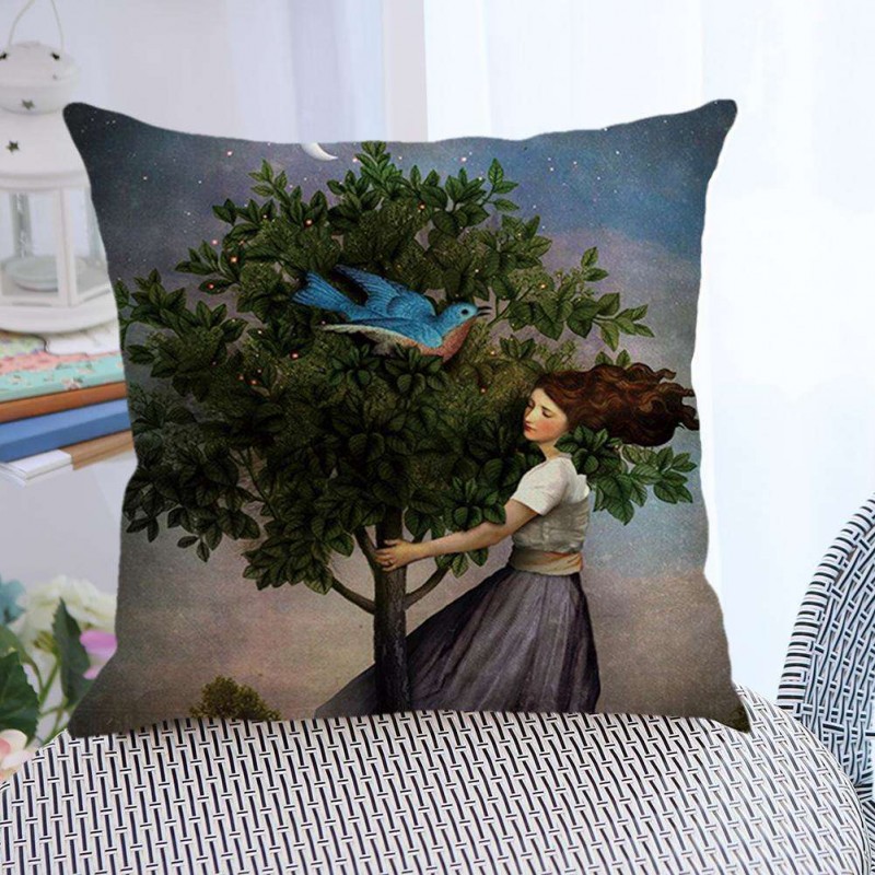 Home Decor Cushion Cover Girl Bird Print Pillowcase Linen Pillow Covers (A)