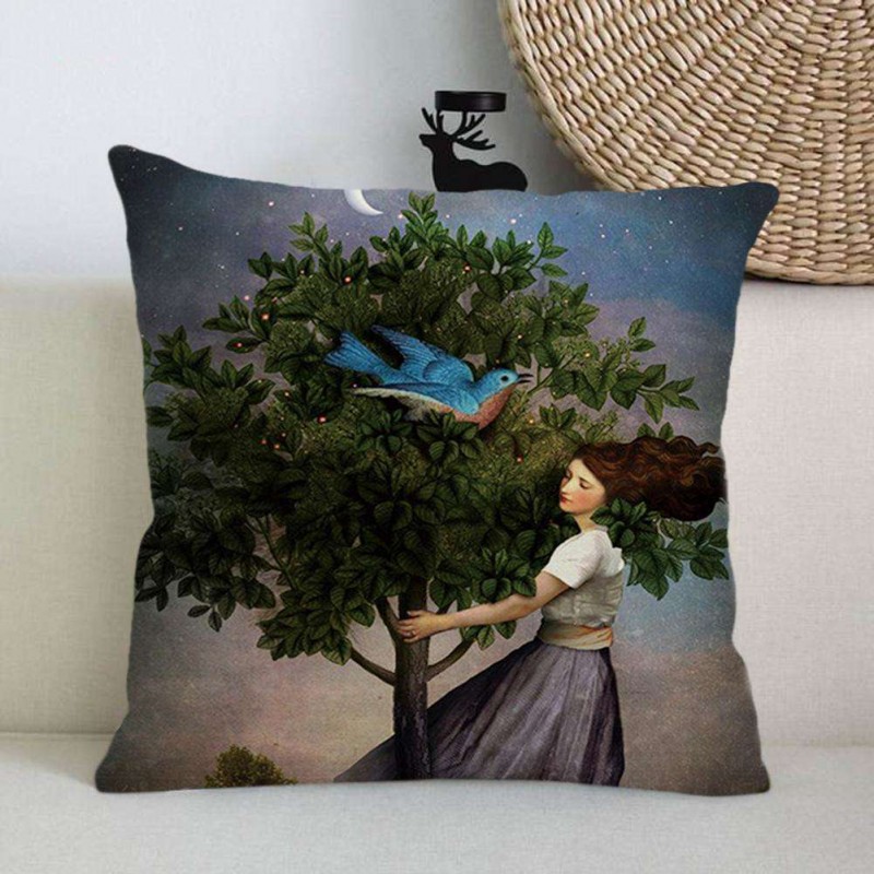 Home Decor Cushion Cover Girl Bird Print Pillowcase Linen Pillow Covers (A)