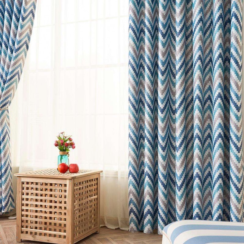 1x2.5m Blackout Window Curtain Wave Print Polyester Shading Curtain (Blue)