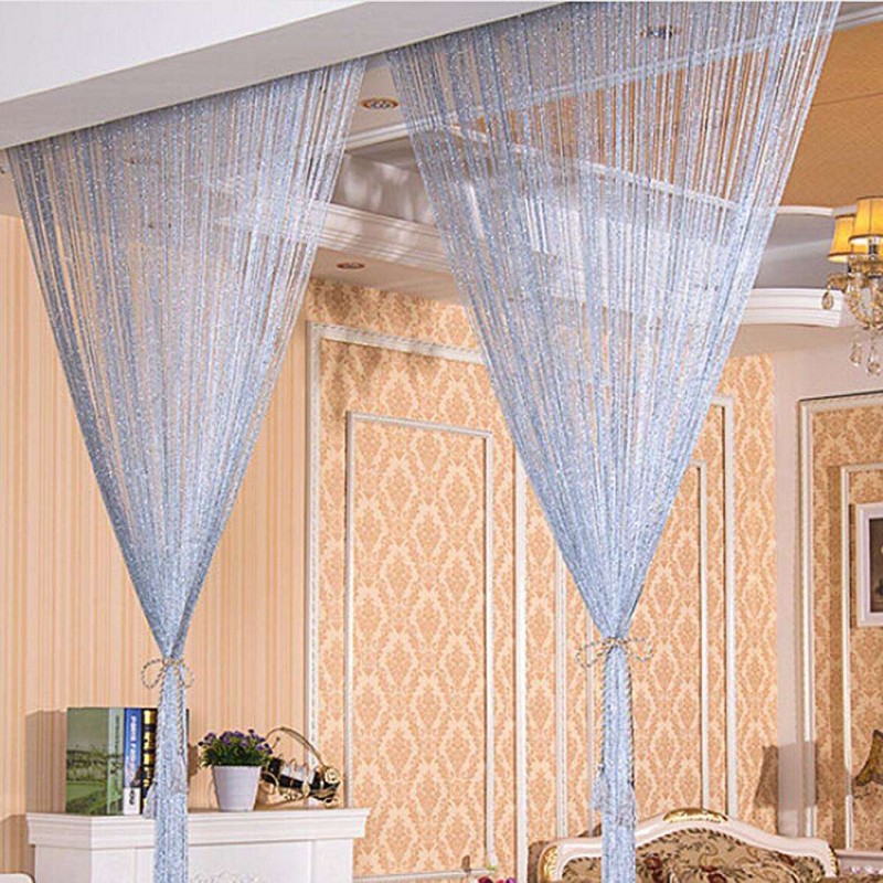 Shiny Tassel Silver Line String Curtain Window Divider Valance/Gray Blue