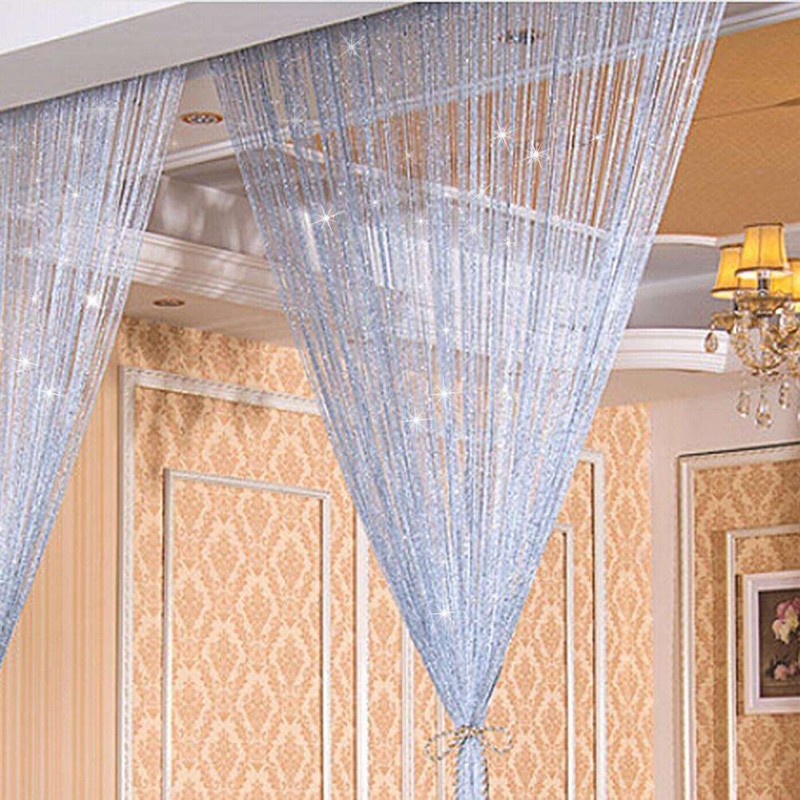 Shiny Tassel Silver Line String Curtain Window Divider Valance/Gray Blue