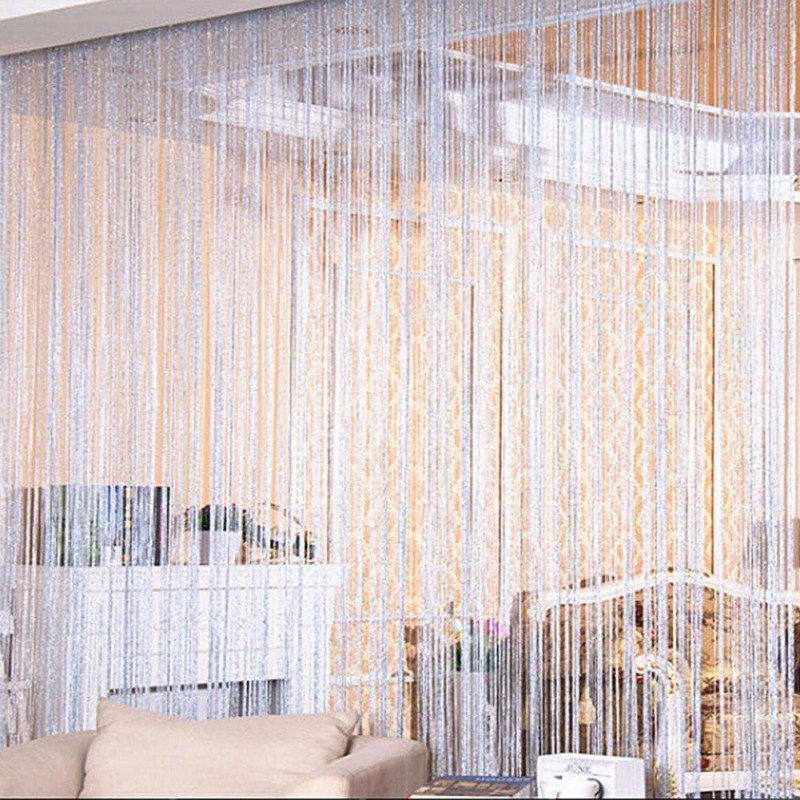 Shiny Tassel Silver Line String Curtain Window Divider Valance/Gray Blue