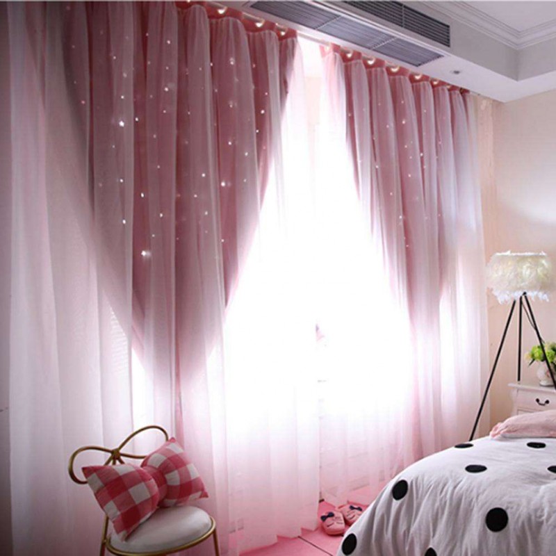 1pc Hollowed Star Shading Window Curtain Drapes Purdah for Living Room(Pink