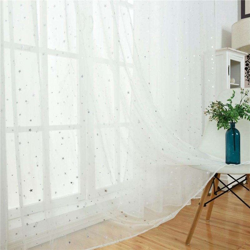 Star Print Tulle Curtains Window Drapes Sheer Purdah for Living Room(White)