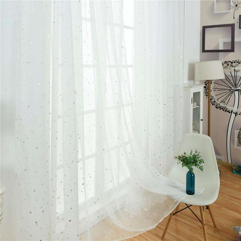 Star Print Tulle Curtains Window Drapes Sheer Purdah for Living Room(White)