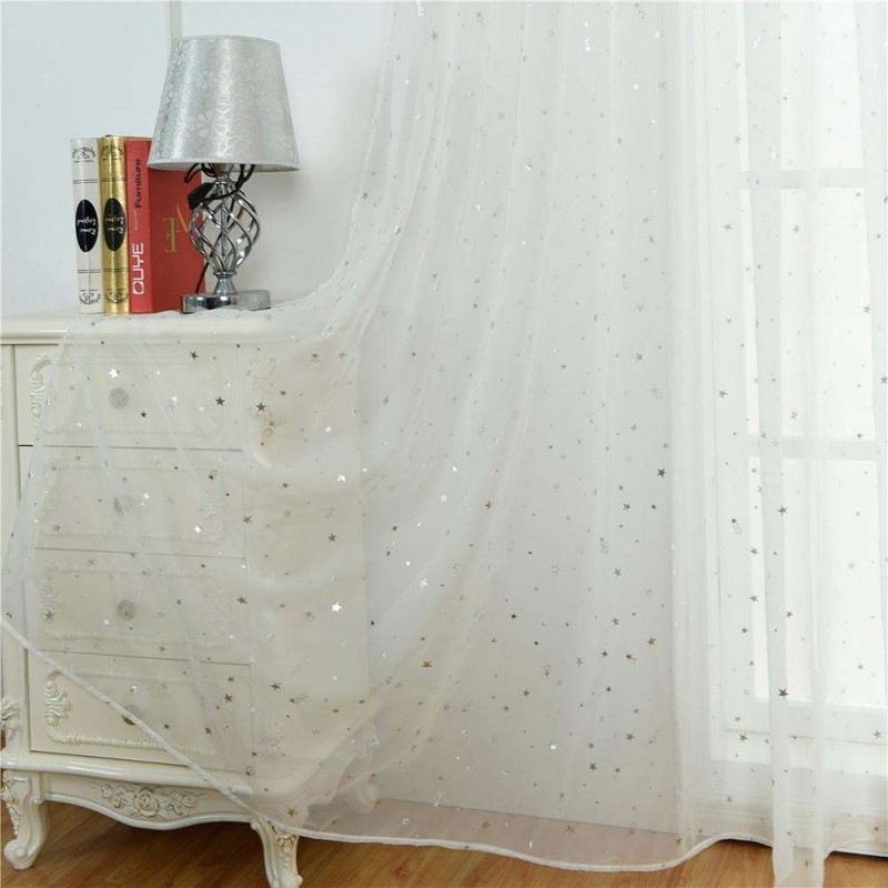 Star Print Tulle Curtains Window Drapes Sheer Purdah for Living Room(White)