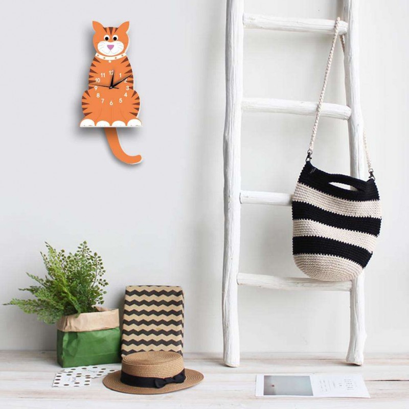 Cat Animal Wooden Wall Clock Living Room Kids Bedroom Silent Hanging Clock