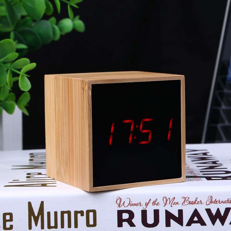 USB Wood LED Sound Control Alarm Clock Thermometer Timer Calendar Display