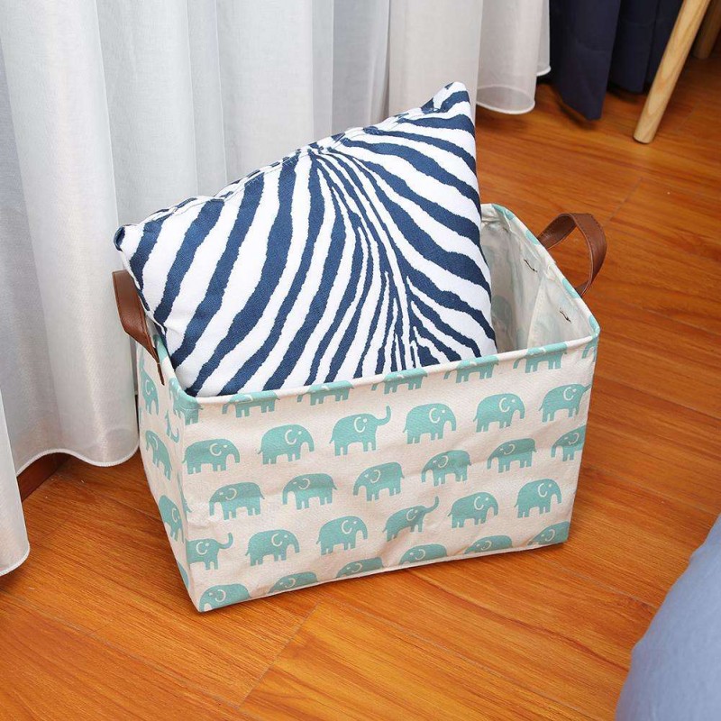 Folding Elephant Print Canvas Square Laundry Basket Storage Organizer (Blue