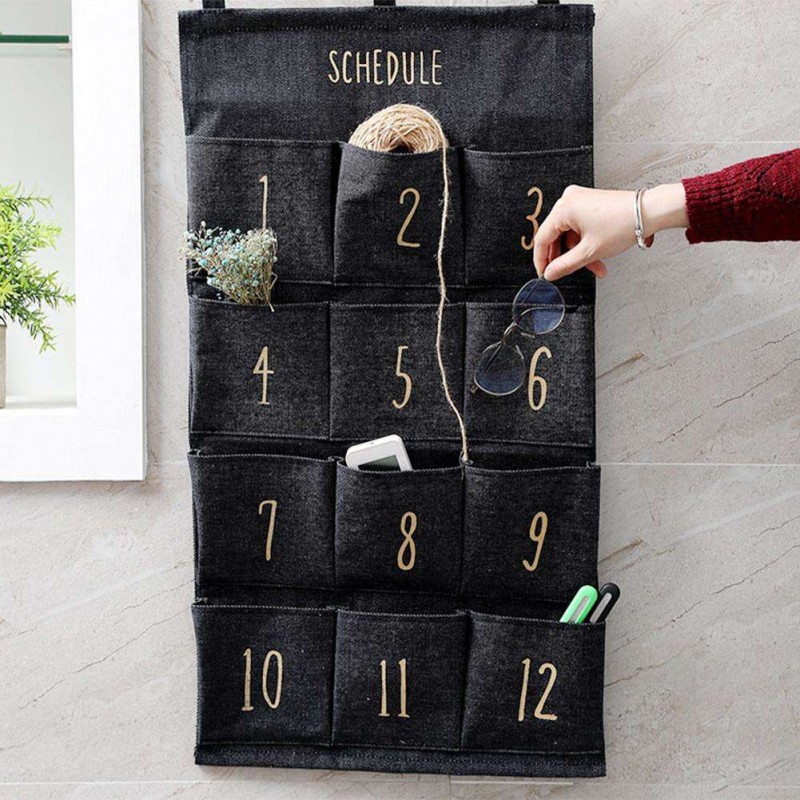 12 Pocket Cotton Linen Wall Hanging Storage Bag Wardrobe Hang Pouch (Blue)