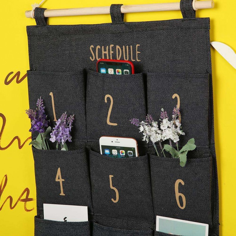 12 Pocket Cotton Linen Wall Hanging Storage Bag Wardrobe Hang Pouch (Blue)