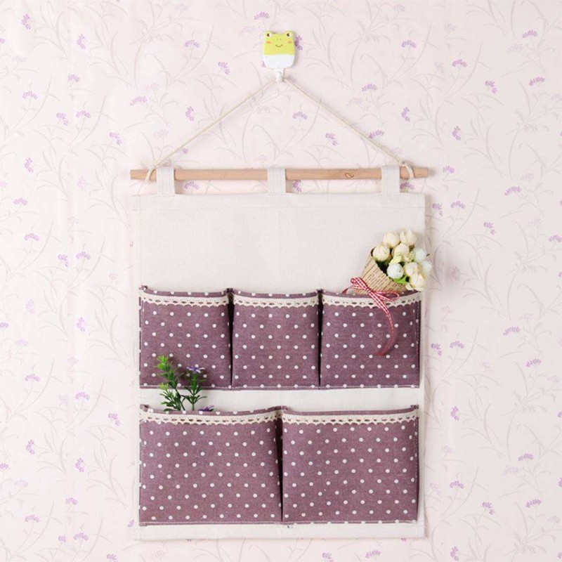 5 Pockets Dots Print Cotton Linen Door Wardrobe Wall Hanging Storage Bags