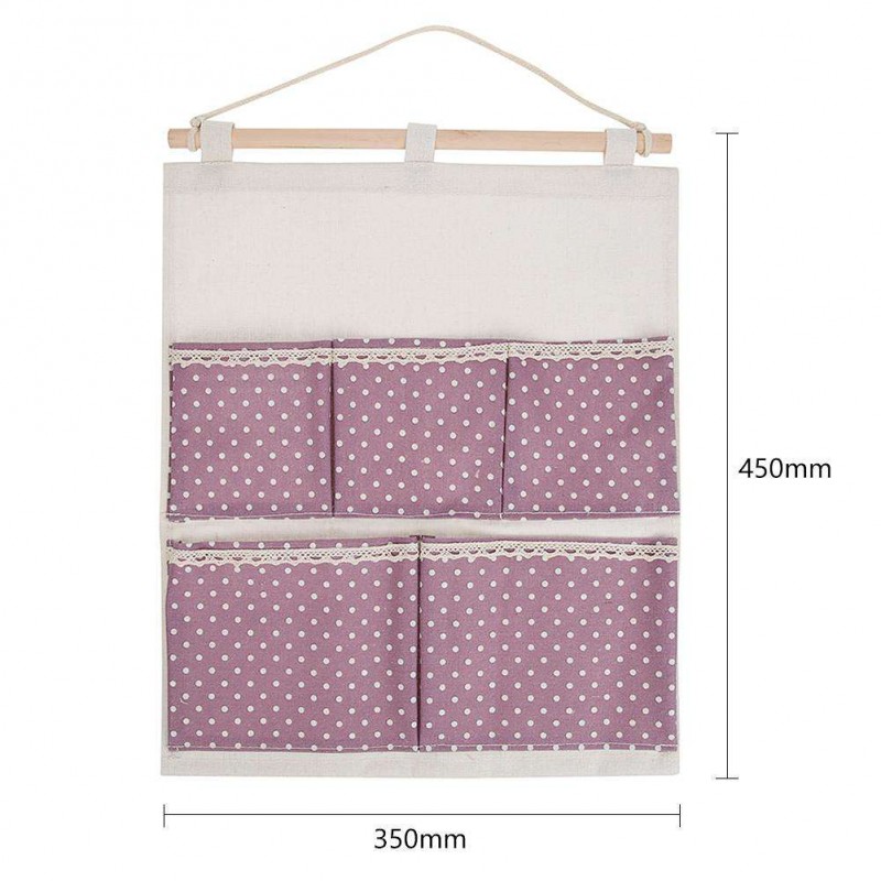 5 Pockets Dots Print Cotton Linen Door Wardrobe Wall Hanging Storage Bags