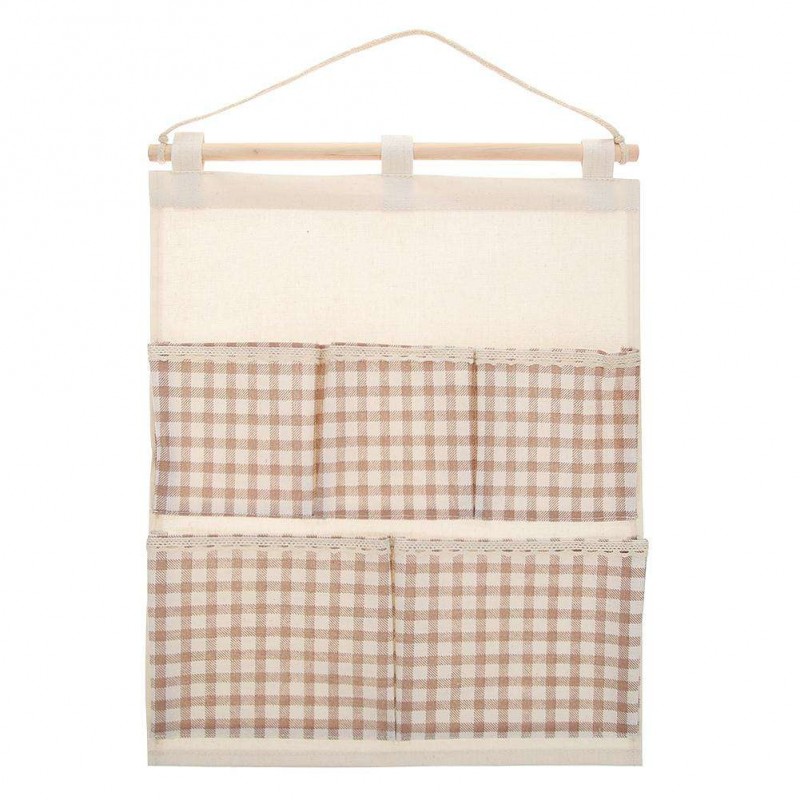 5 Pockets Plaid Cotton Linen Wall Hang S...