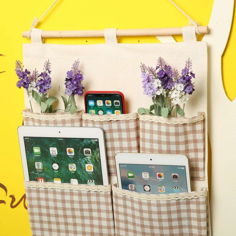 5 Pockets Plaid Cotton Linen Wall Hang Storage Bag Door Wardrobe Pouch(HY-1