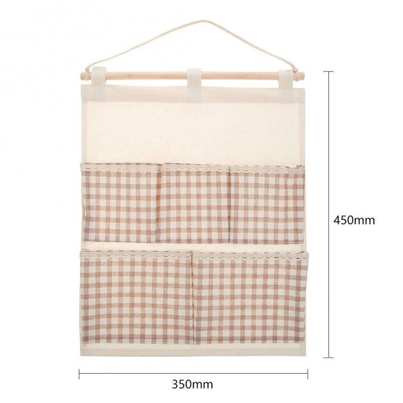 5 Pockets Plaid Cotton Linen Wall Hang Storage Bag Door Wardrobe Pouch(HY-1